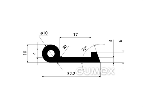 Gumový profil tvaru "P" s dutinkou, 32,2x10/3mm, 70°ShA, EPDM, -40°C/+100°C, čierny